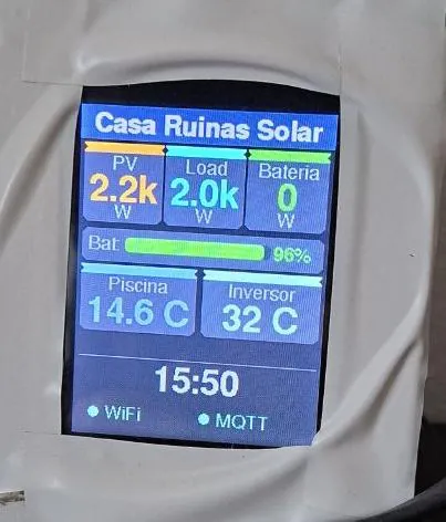 Pantalla domótica que muestra producción solar, consumo, batería y temperaturas